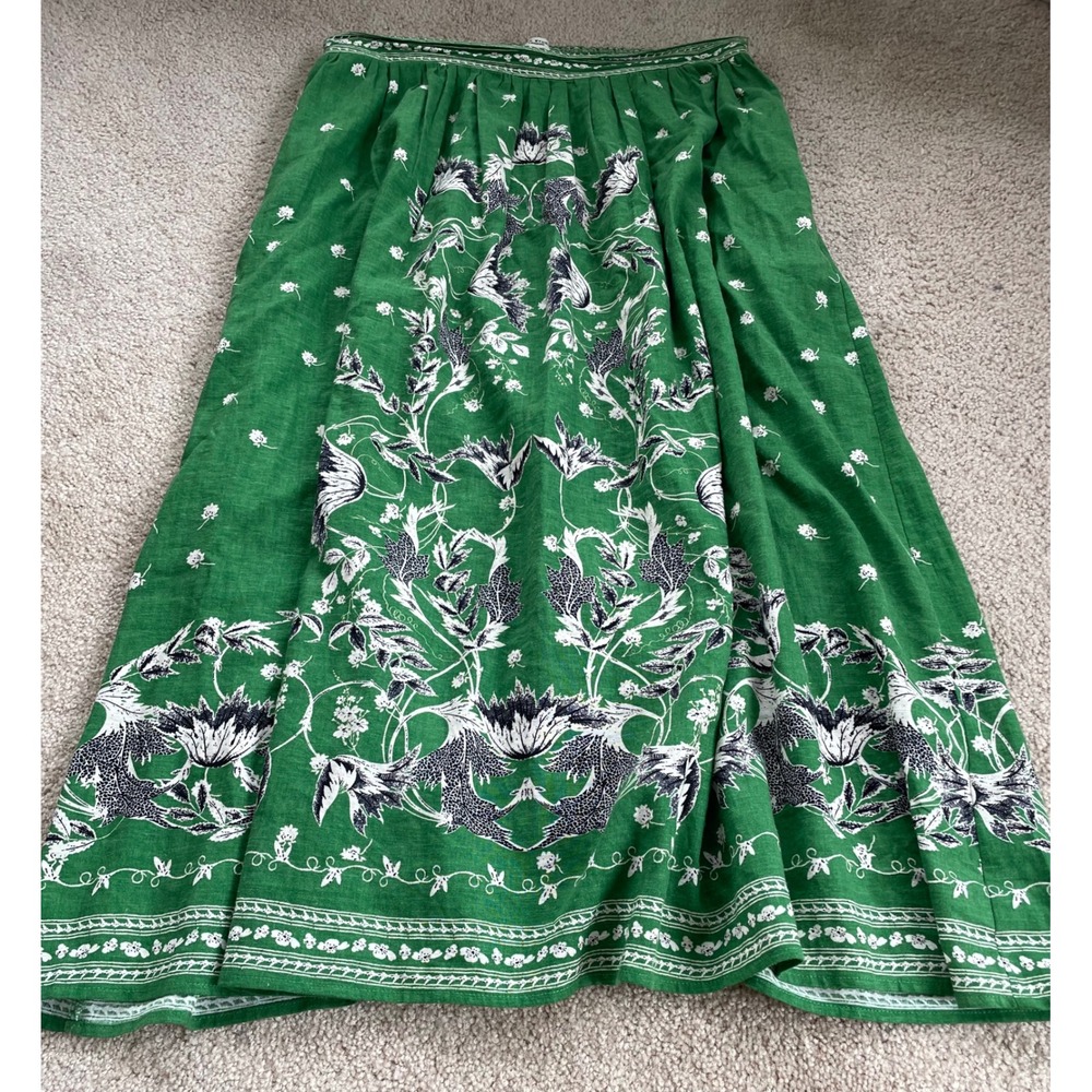 Max Studio London Green Floral Linen Blend Midi Skirt Large 4701R15